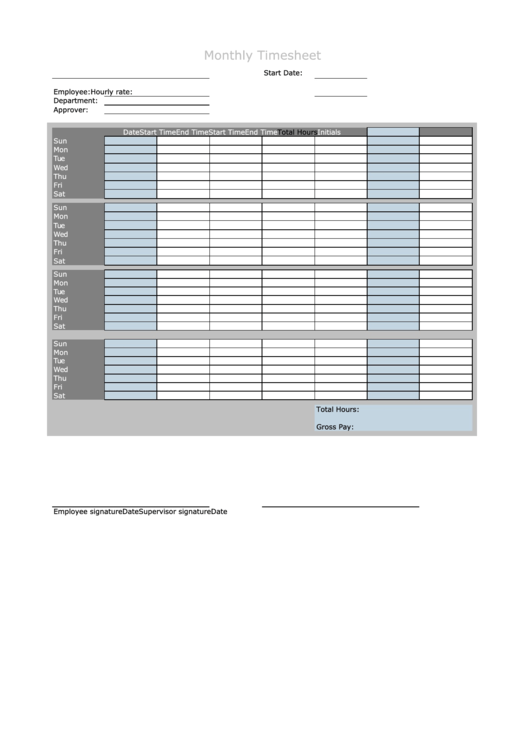 Monthly Timesheet With Approvals Printable pdf