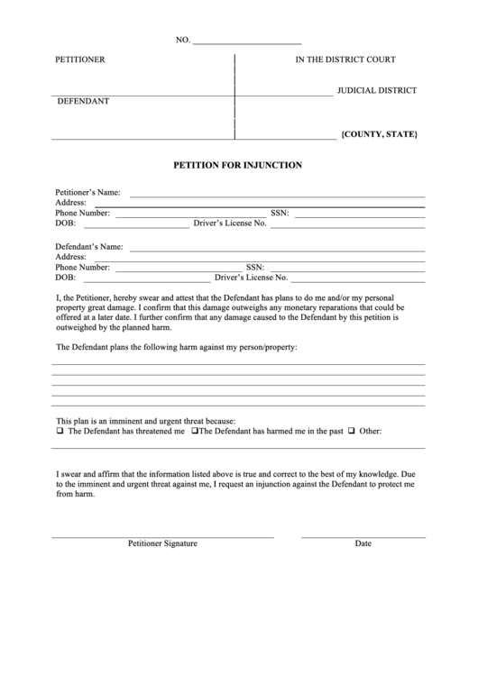 Petition For Injunction Printable pdf