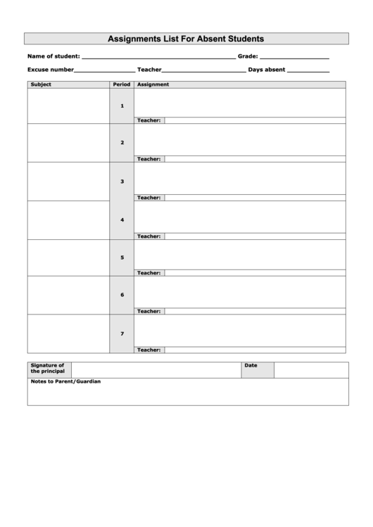 Assignments List For Absent Students Printable pdf