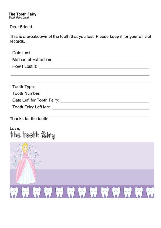 Tooth Fairy Letter Tooth Record Printable pdf