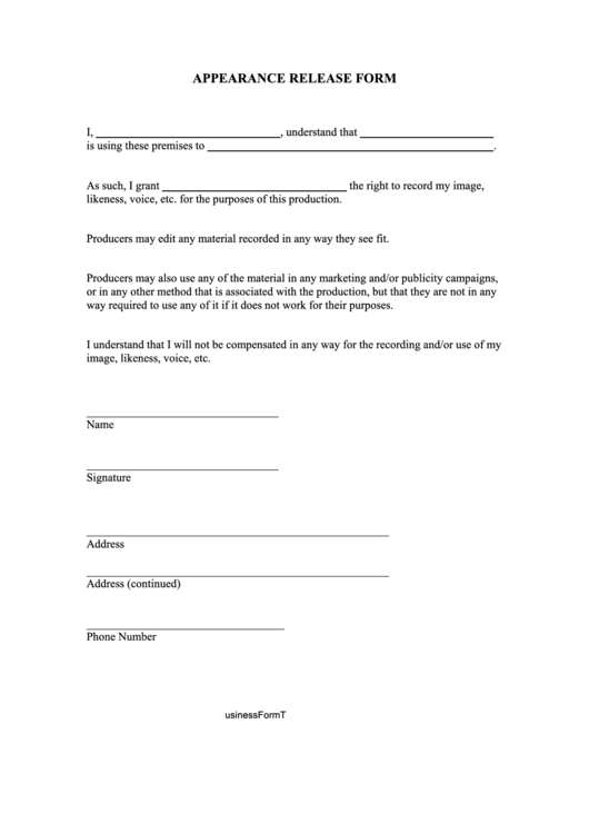 Appearance Release Form Printable pdf