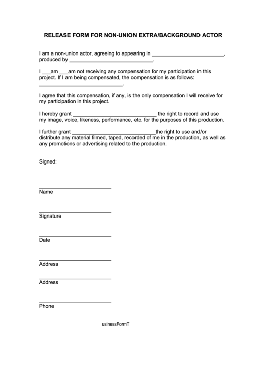 Release Form For Non-Union Extra/background Actor Printable pdf