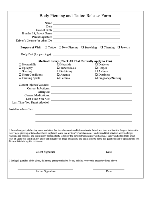 Body Piercing And Tattoo Release Form Printable pdf