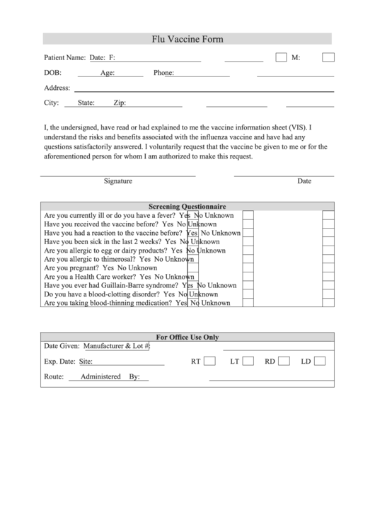 Flu Shot Consent Form printable pdf download