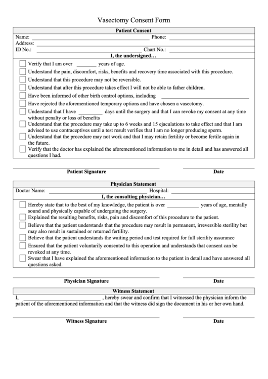 Vasectomy Consent Form Printable pdf