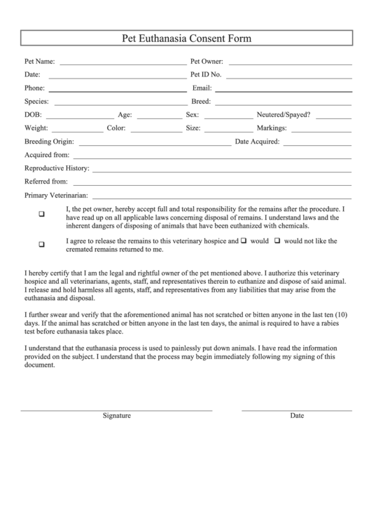Pet Euthanasia Consent Form Printable pdf