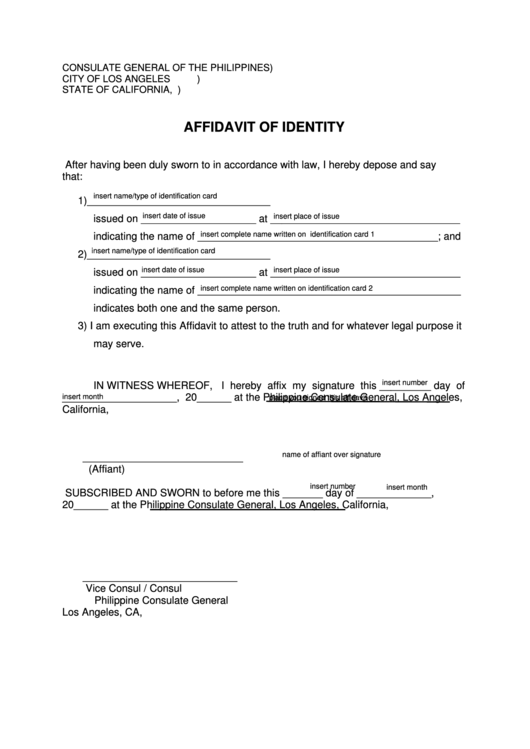 Fillable Affidavit Of Identity Printable pdf