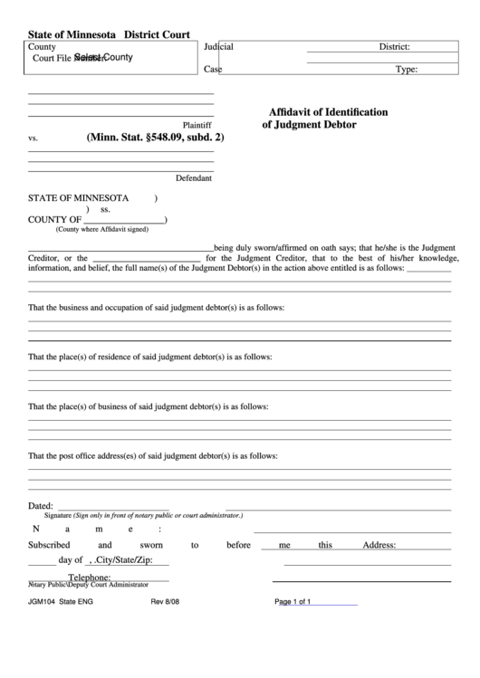 Fillable Form Jgm104 - Affidavit Of Identification Of Judgment Debtor Printable pdf