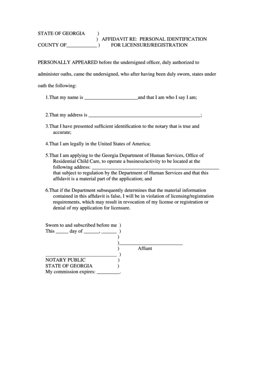 Affidavit Re: Personal Identification For Licensure/registration Printable pdf