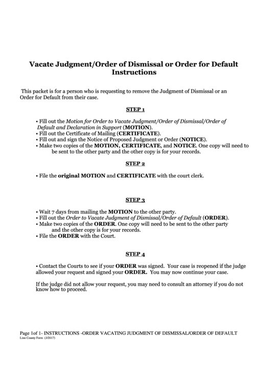 Vacate Judgment/order Of Dismissal Or Order For Default - Linn County