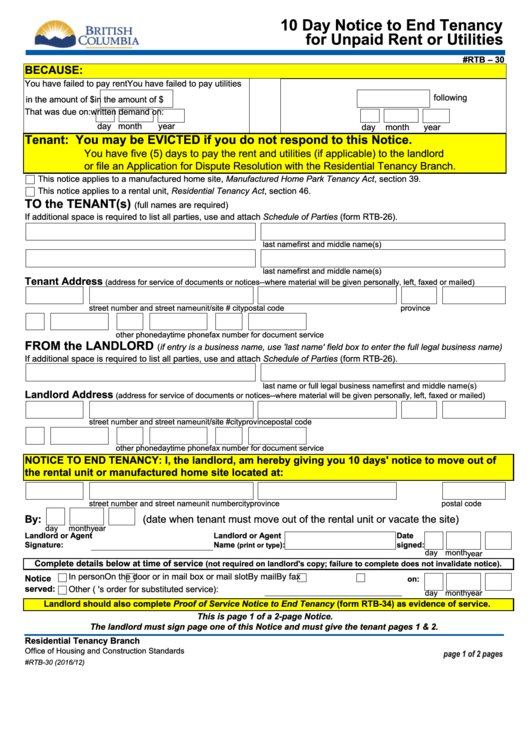 Fillable Form Rtb-30 - 10 Day Notice To End Tenancy For Unpaid Rent Or Utilities Printable pdf