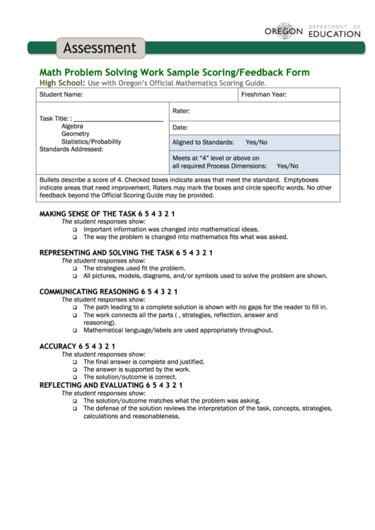 Fillable Math Problem Solving Work Sample Scoring/feedback Form - Oregon Department Of Education Printable pdf