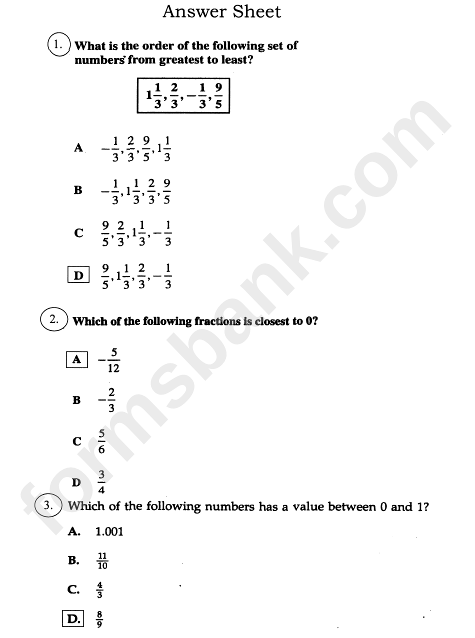 Compare And Order Fractions, Decimals And Mixed Numbers Worksheet With Answers