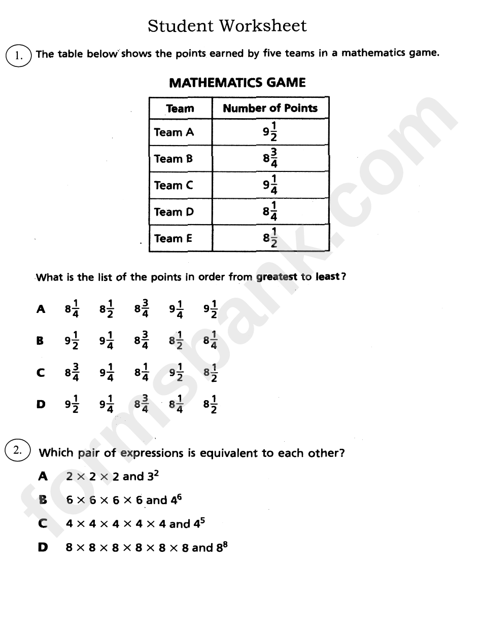 Compare And Order Fractions, Decimals And Mixed Numbers Worksheet With Answers