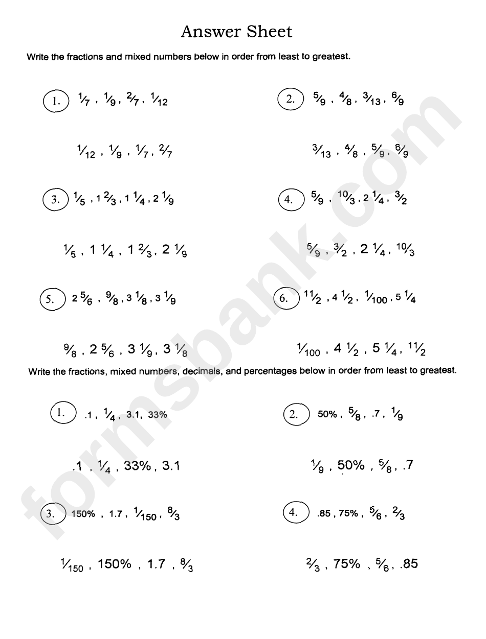 Compare And Order Fractions, Decimals And Mixed Numbers Worksheet With Answers