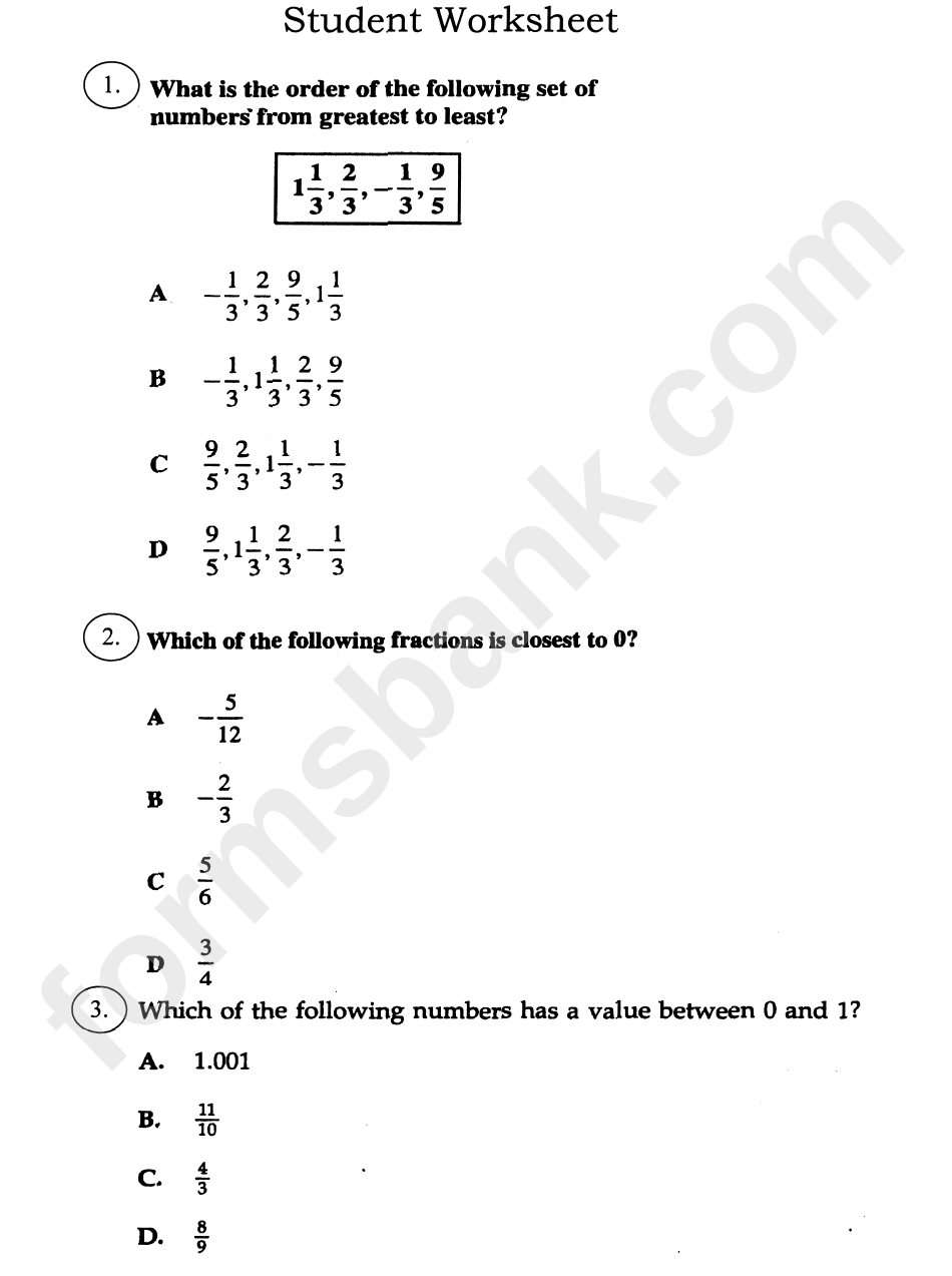 Compare And Order Fractions, Decimals And Mixed Numbers Worksheet With Answers