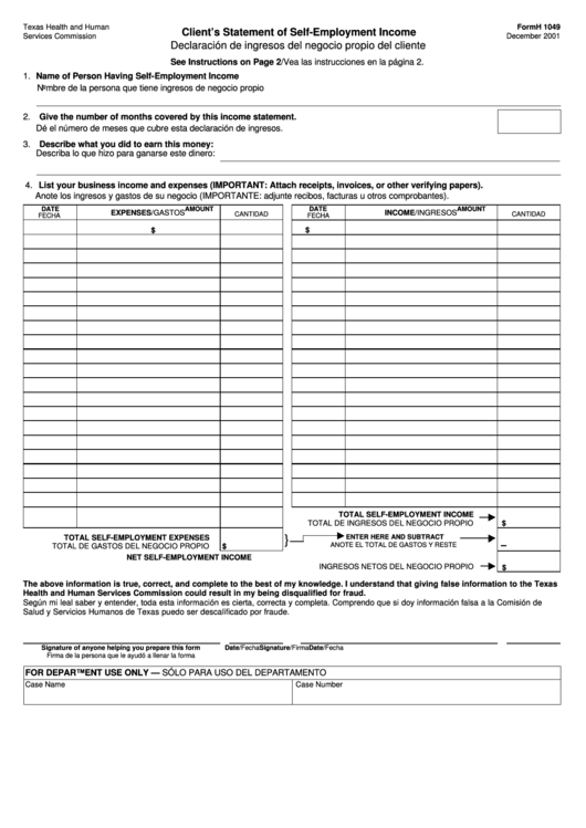 Form H1049 Client S Statement Of Self Employment Income Printable Pdf Download