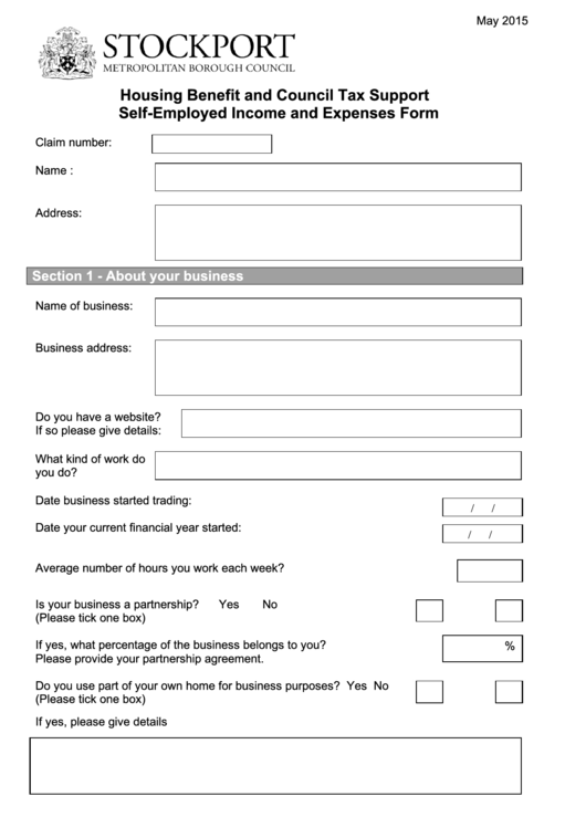 Housing Benefit And Council Tax Support - Self-Employed Income And Expenses Form Printable pdf
