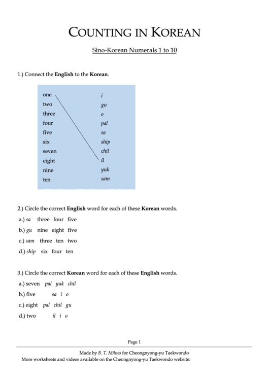 Counting In Korean Worksheet Printable pdf