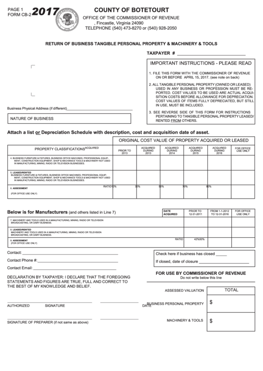 Form Cb-2 - Return Of Business Tangible Personal Property & Machinery & Tools - 2017 Printable pdf
