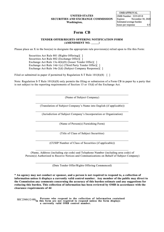 Form Cb - Tender Offer/rights Offering Notification Form - Securities And Exchange Commission Printable pdf