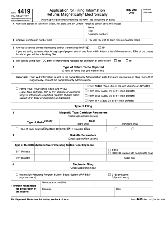 Form 4419 - Application For Filing Information Returns Magnetically/electronically Printable pdf
