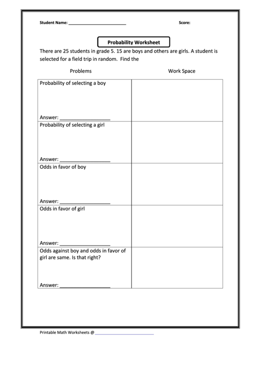 Probability Worksheet With Answers Printable pdf