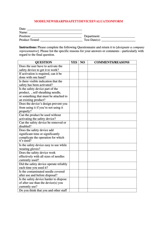 Model New Sharps Safety Device Evaluation Form