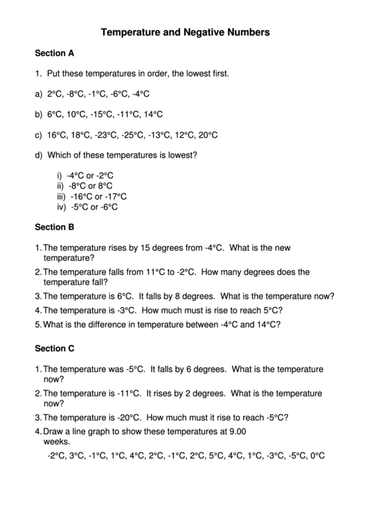 Temperature And Negative Numbers Worksheet Printable pdf