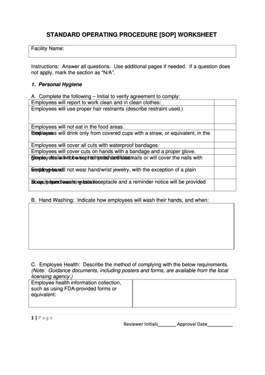 Standard Operating Procedure [sop] Worksheet Printable pdf