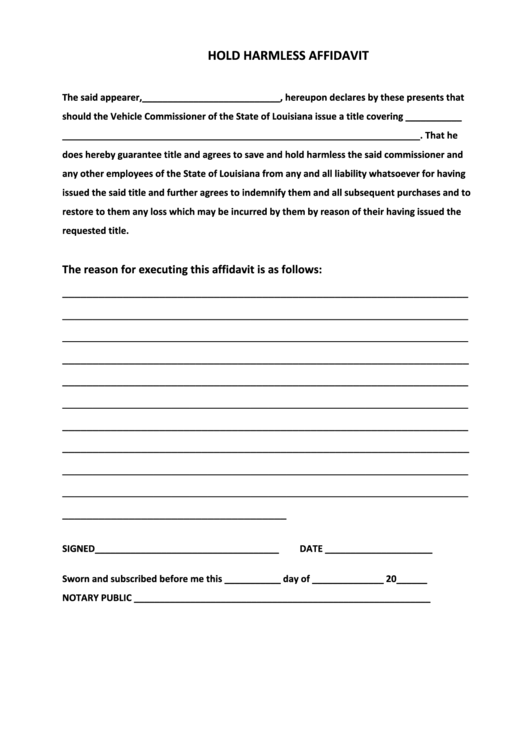 Hold Harmless Affidavit Printable pdf
