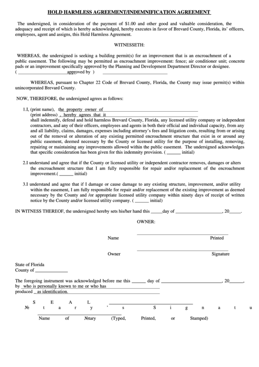 Fillable Hold Harmless Agreement/indemnification Agreement Printable pdf