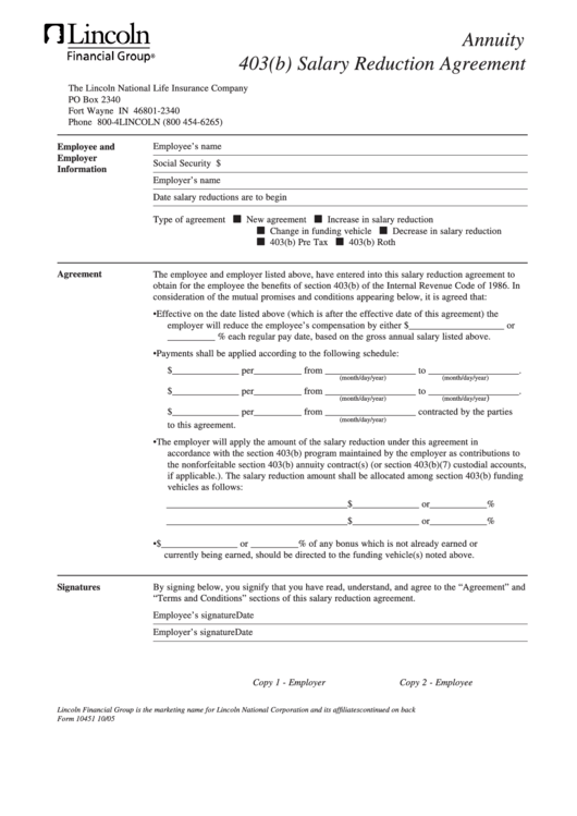 Form 10451 - Annuity 403(B) Salary Reduction Agreement - Linkoln Financial Group Printable pdf