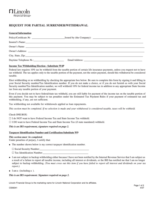 Fillable Form Cs06341 - Request For Partial Surrender/withdrawal - Lincoln Financial Group Printable pdf