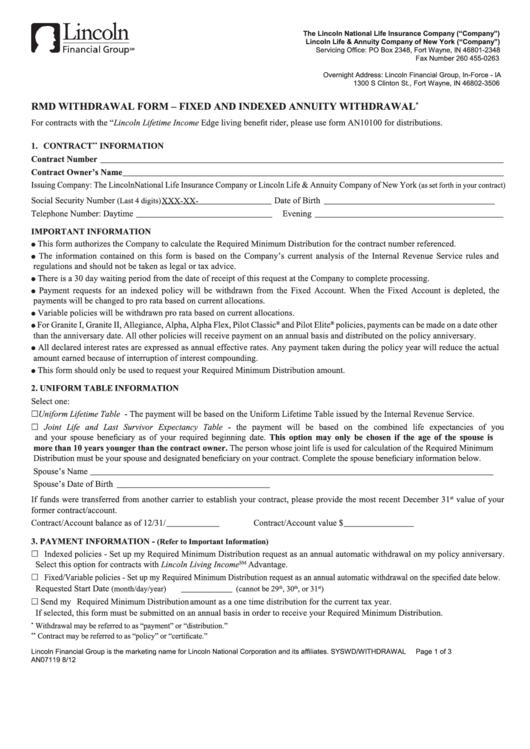 Fillable Form An07119 - Rmd Withdrawal Form - Fixed And Indexed Annuity Withdrawal - Lincoln Financial Group Printable pdf