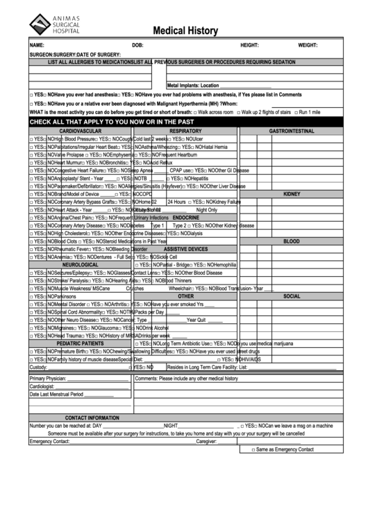 Medical History Form Printable pdf