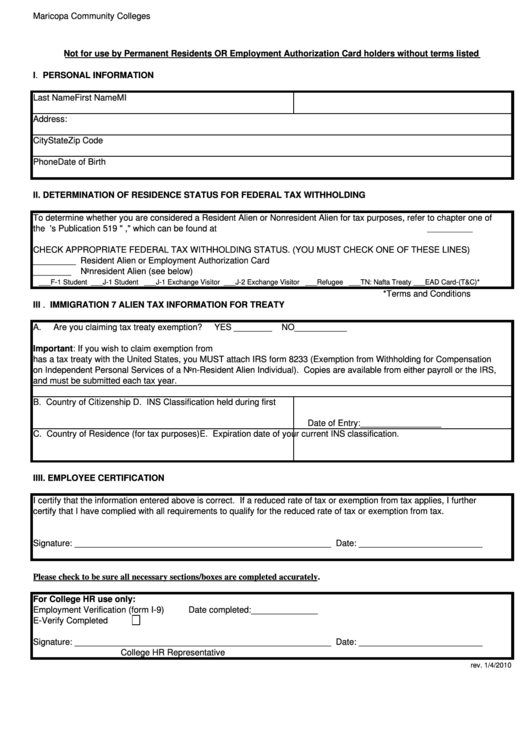 Fillable Non-U.s. Citizen Employee Tax Data Form Printable pdf