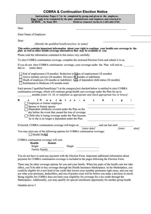 Form F8026r05 - Cobra & Continuation Election Notice Printable pdf