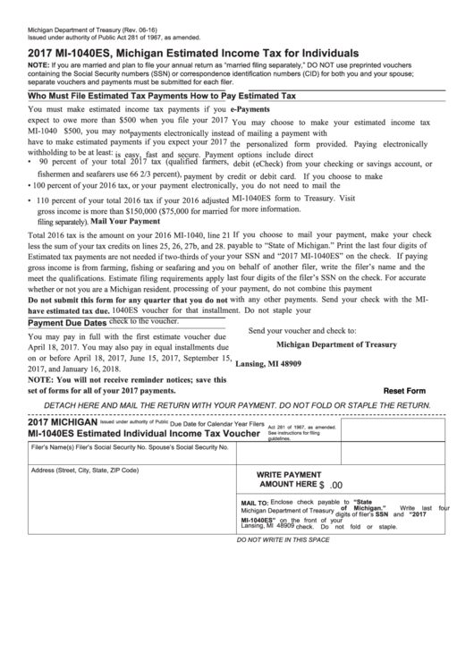 Fillable Form Mi 1040es Michigan Estimated Income Tax For Individuals 2017 Printable Pdf