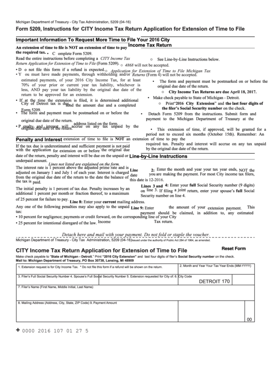 Fillable Form 5209 - Application For Extension Of Time To File City Tax Returns - Michigan Department Of Treasury Printable pdf