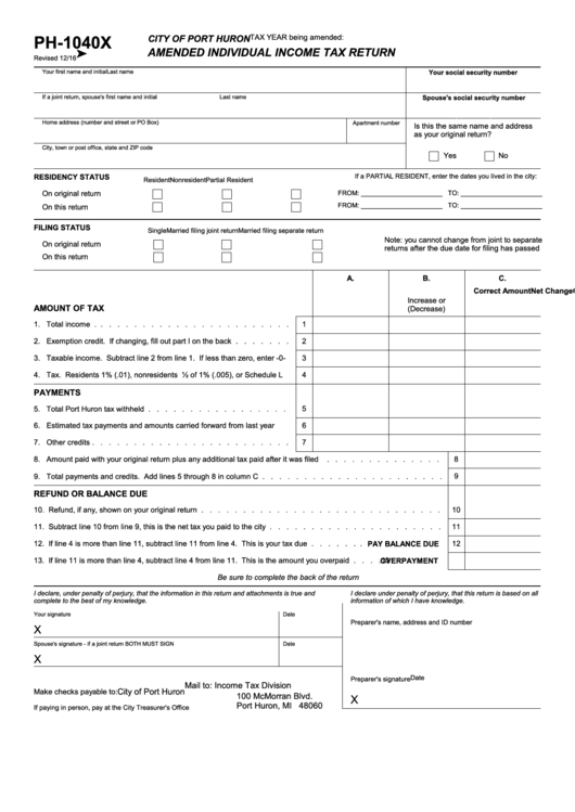 Fillable Form Ph-1040x - Amended Individual Income Tax Return - City Of Port Huron Printable pdf