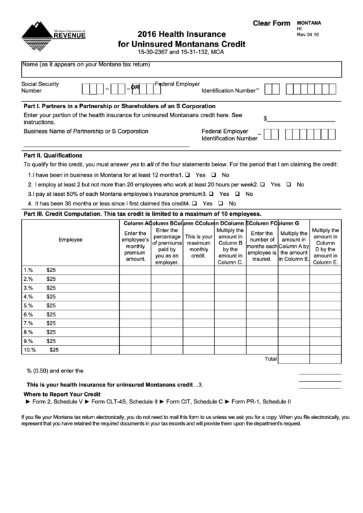 Fillable Form Hi - Health Insurance For Uninsured Montanans Credit - 2016 Printable pdf