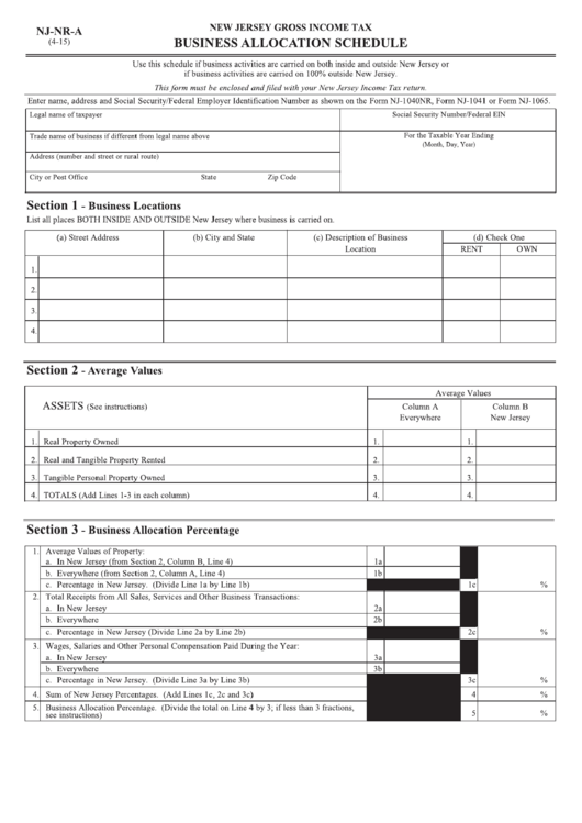 Fillable Form Nj-Nr-A - Business Allocation Schedule - New Jersey Gross Income Tax Printable pdf