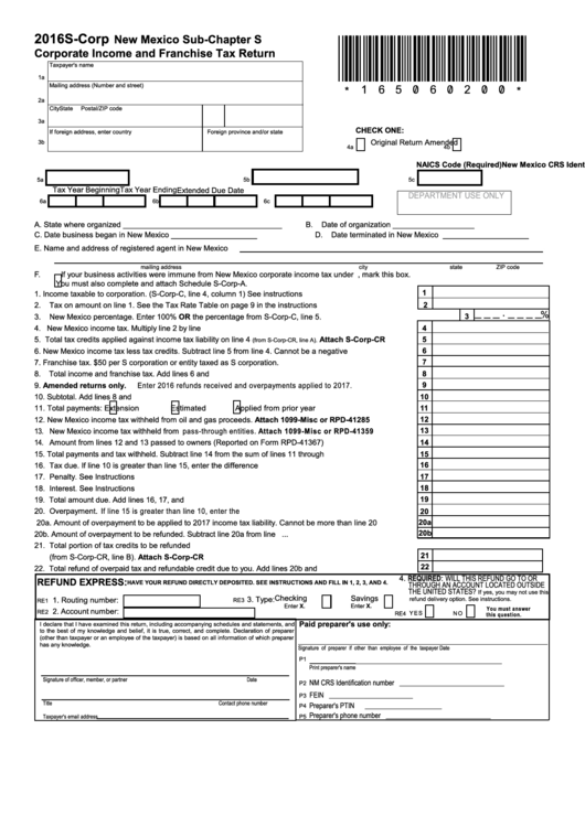Fillable Form S-Corp - New Mexico Sub-Chapter S Corporate Income And Franchise Tax Return - 2016 Printable pdf