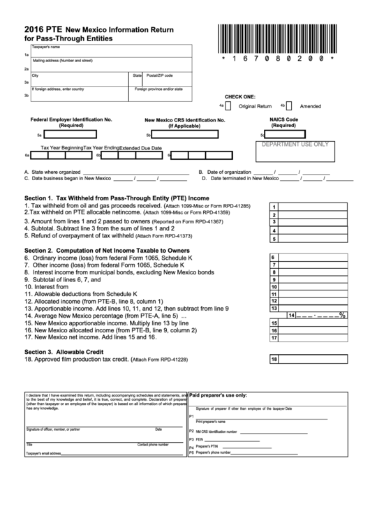 Form Pte - New Mexico Information Return For Pass-Through Entities - 2016 Printable pdf