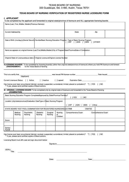 Texas Board Of Nursing Verification Of Registered Nurse Licensure Form Printable pdf