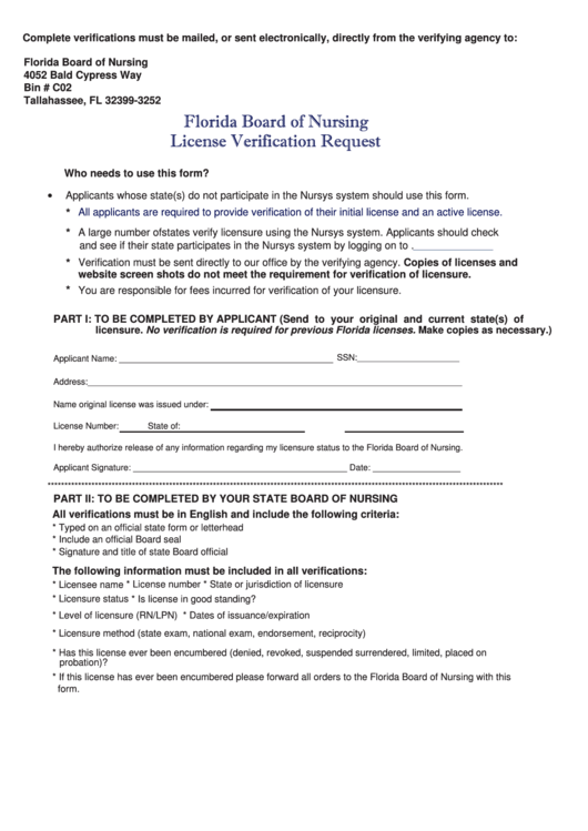 License Verification Request - Florida Board Of Nursing Printable pdf
