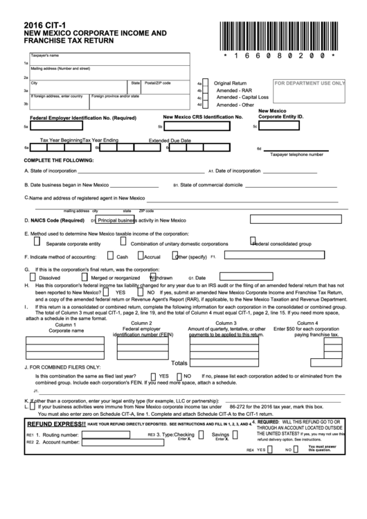 Form Cit-1 - New Mexico Corporate Income And Franchise Tax Return - 2016 Printable pdf