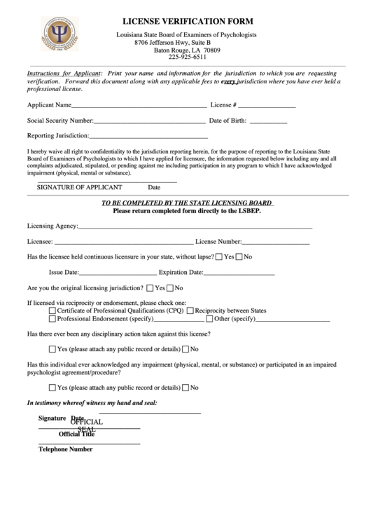 License Verification Form - Louisiana State Board Of Examiners Of Psychologists Printable pdf