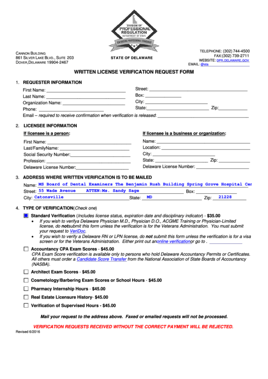 Fillable Written License Verification Request Form - Delaware Division Of Professional Regulation Printable pdf